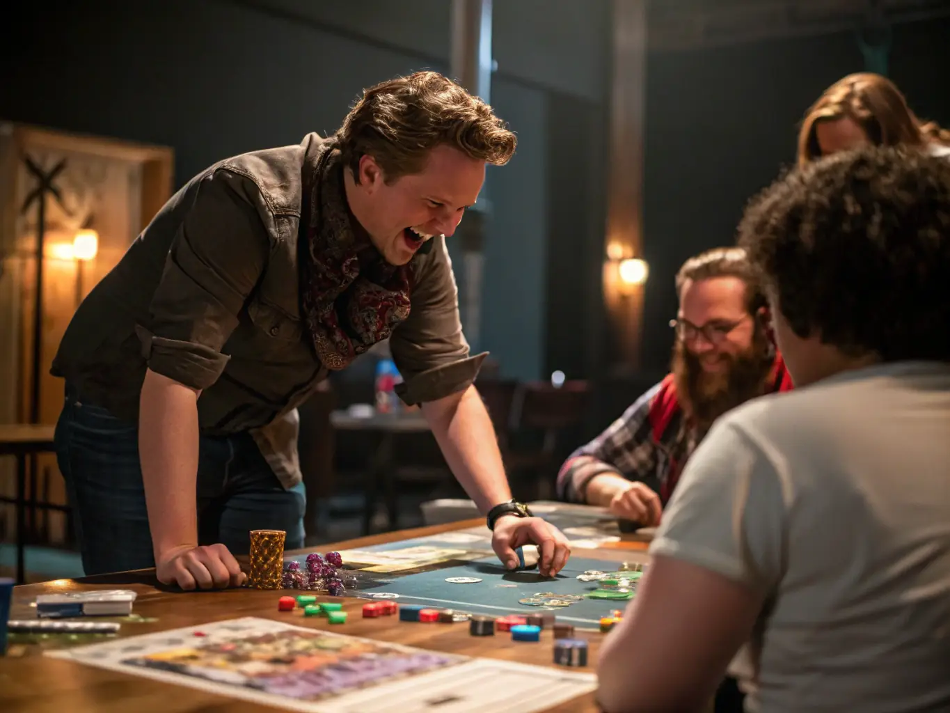 A vibrant image of a role-playing game session in progress, with players of different ages and backgrounds engaged in the game, surrounded by character sheets, dice, and miniatures.