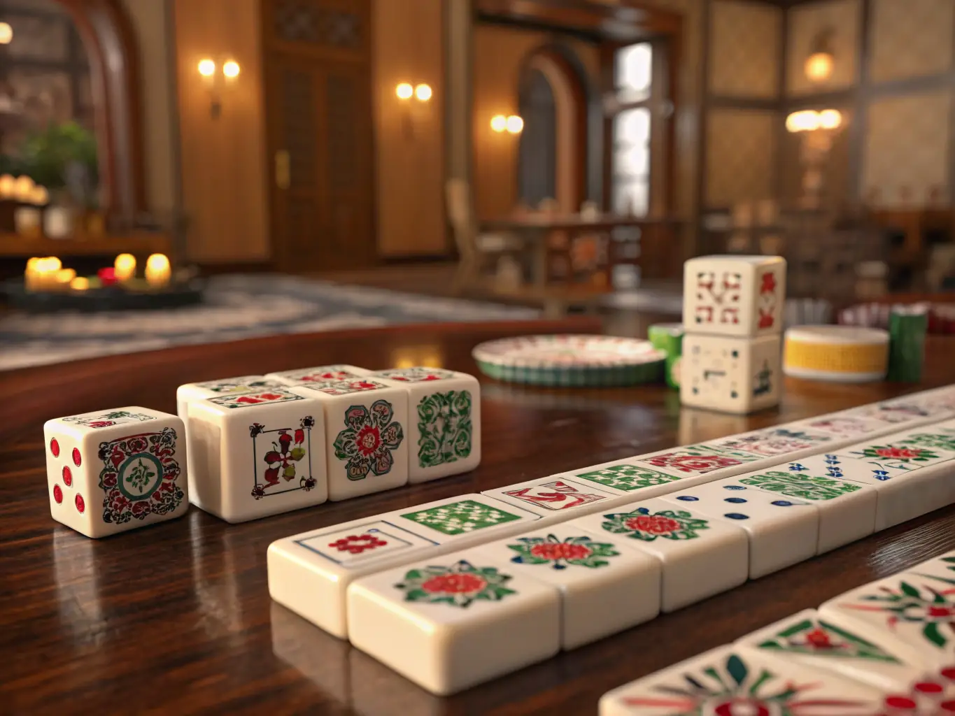 A focused image of a Japanese mahjong game, with players carefully considering their moves, surrounded by traditional mahjong tiles and scoring sticks.