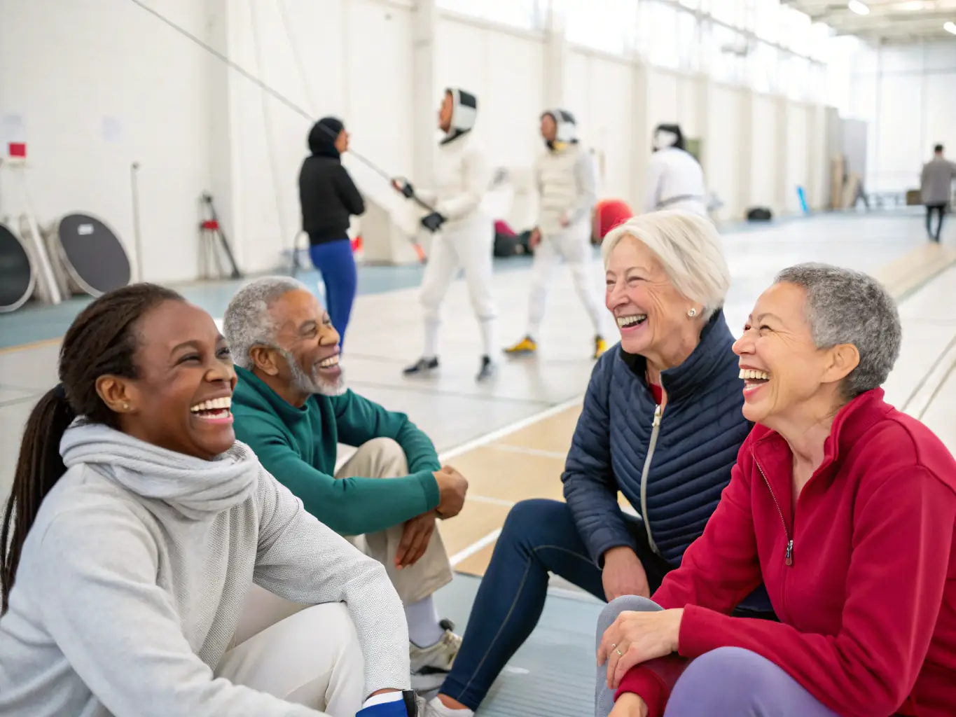 A group of diverse individuals laughing and interacting during a club event, showcasing the friendly and inclusive atmosphere of ROLES & RIICHI.