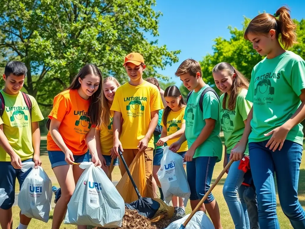 A group of students actively participating in a community cleanup project, collecting litter and interacting positively with local residents, showcasing their commitment to civic responsibility.