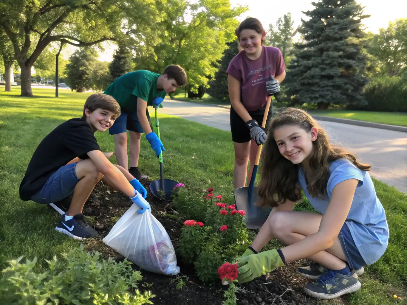 A vibrant image of students actively participating in a community garden project, showcasing teamwork and environmental responsibility.