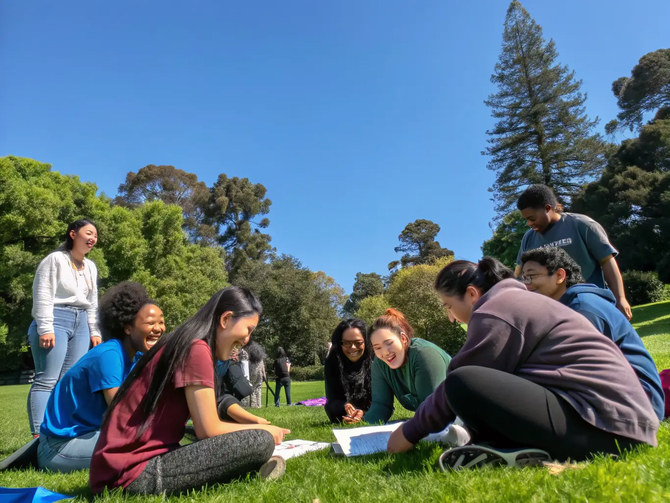 A group of diverse students participating in team-building activities at a youth leadership camp, set in a natural outdoor environment.