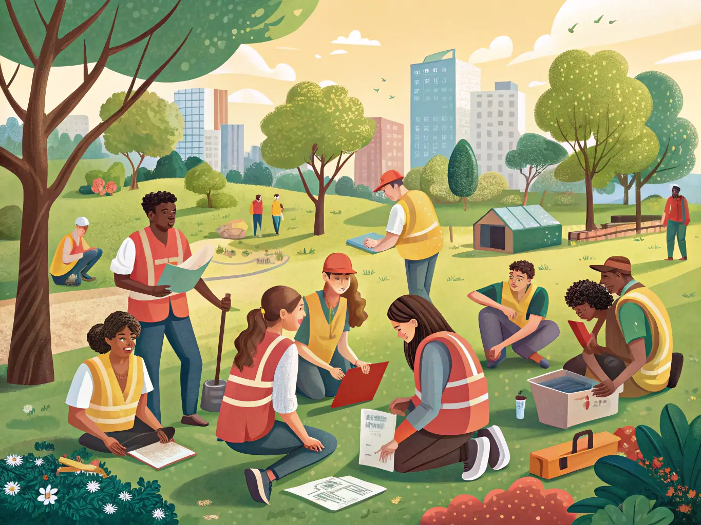 A diverse group of volunteers working together on a community project, setting up sound systems and decorations for an outdoor electronic music event in a public park. The scene is energetic and community-focused.