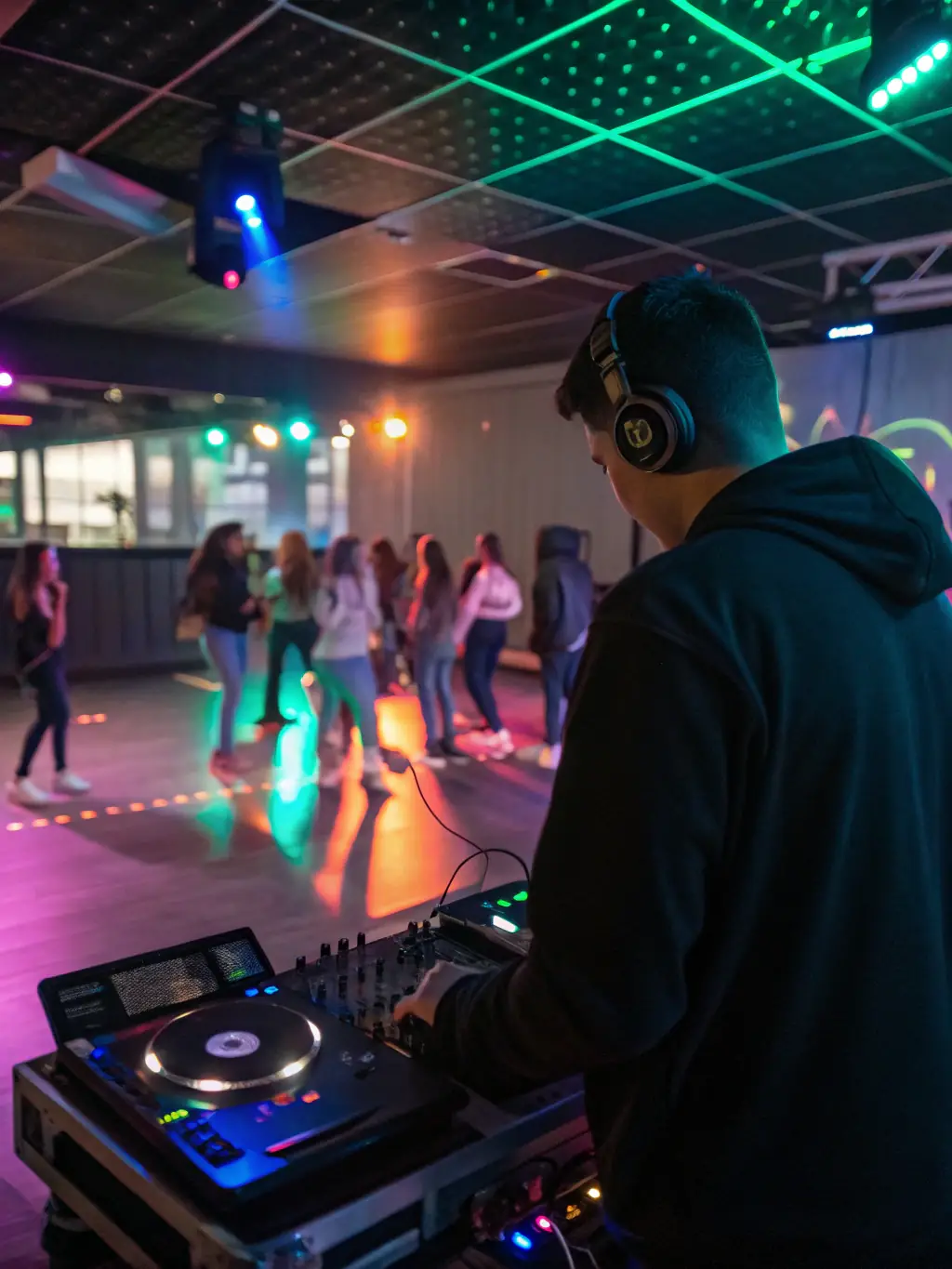 A high-energy hardstyle DJ performance with intense strobe lights and a crowd jumping to the beat at an Association Timeless event.