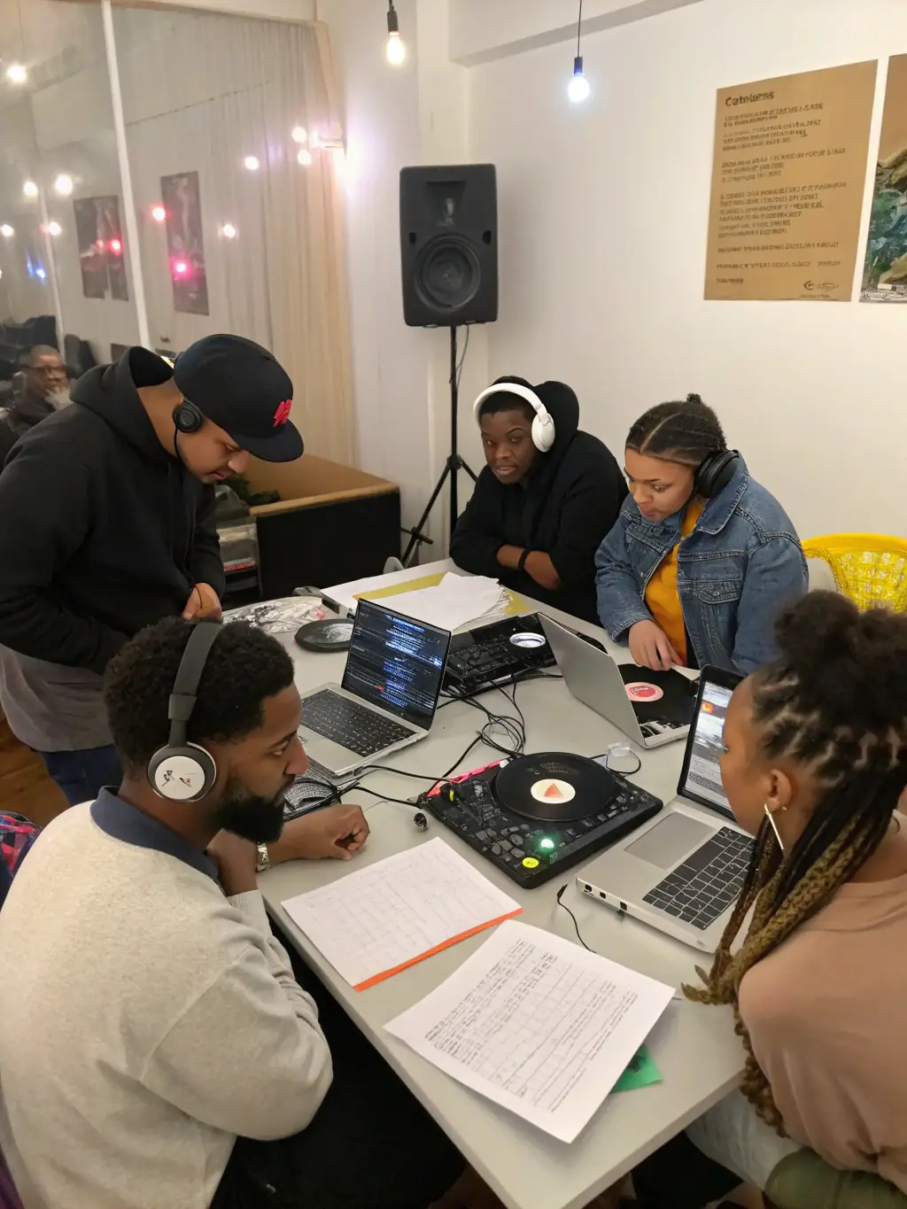 A photo of a panel discussion featuring electronic music artists and industry professionals, with an engaged audience listening attentively in a modern venue.