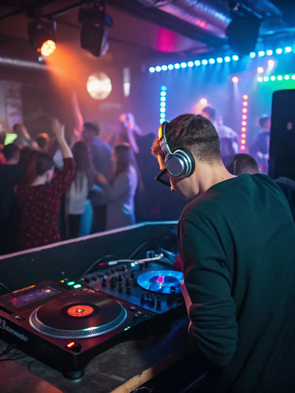 A DJ mixing progressive house music at an indoor electronic music event, with a focus on smooth transitions and melodic elements.