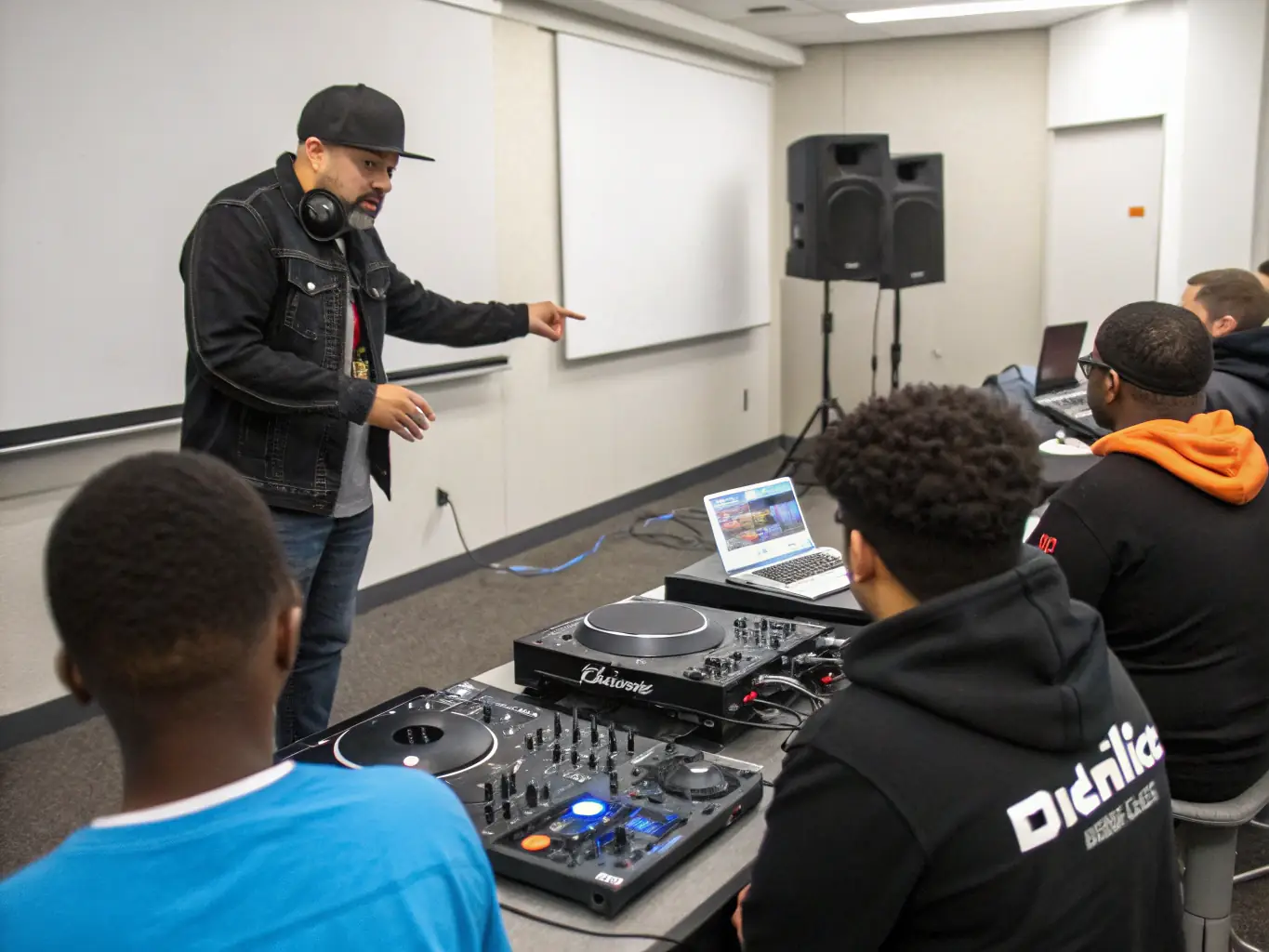 A group of participants actively engaged in a DJing workshop, learning about music production techniques with professional equipment in a creative studio setting. The atmosphere is collaborative and educational.