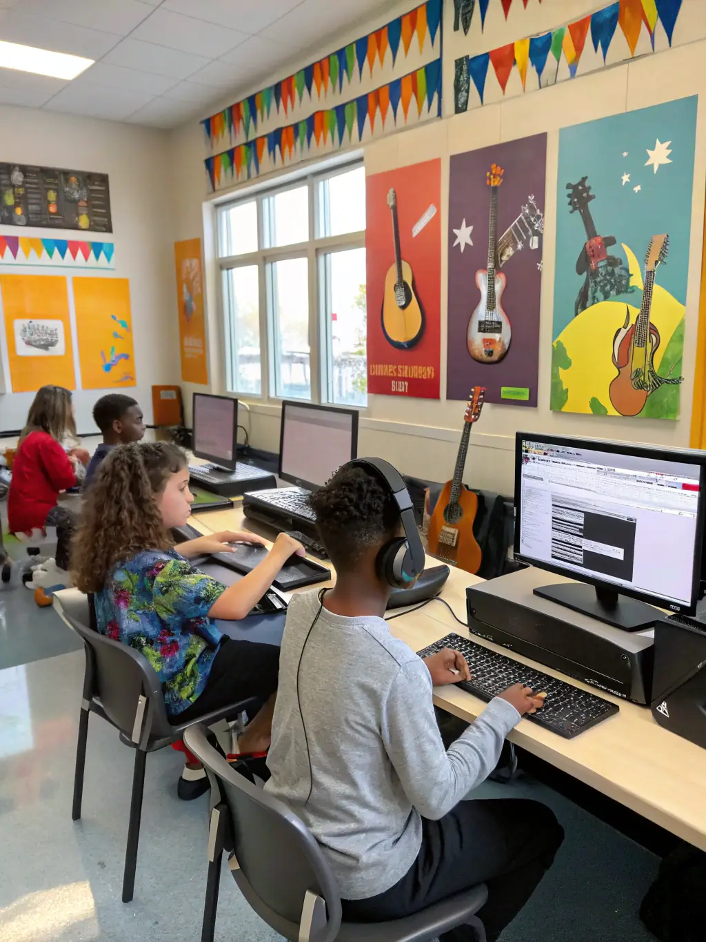 A group of young people participating in an educational session about electronic music production, with laptops and audio interfaces visible, set in a classroom environment.